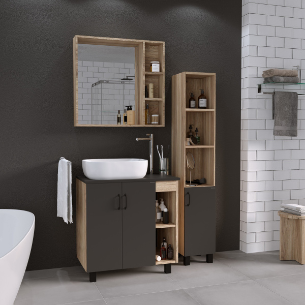 Тумба под раковину в ванной напольная Grossman ФЛАЙ-80 см, дуб сонома/серая